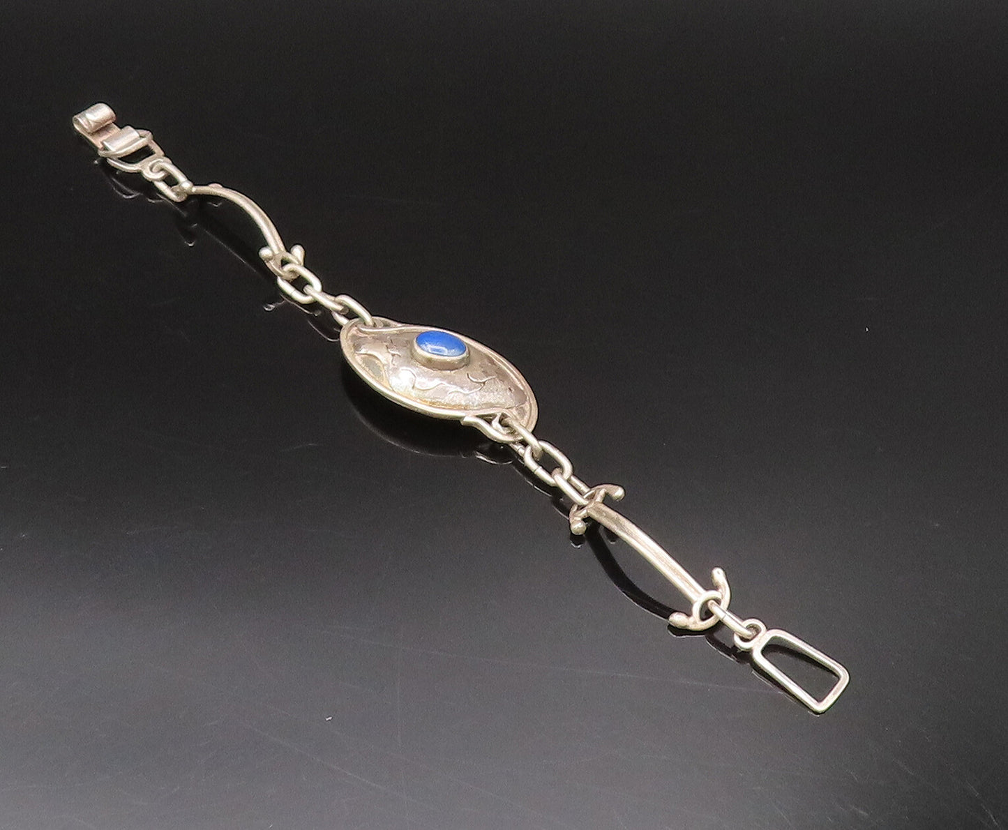 925 Silver  Vintage Etched Lines Lapis Lazuli Dome Chain Bracelet  BT9765