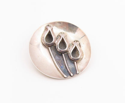 925 Sterling Silver Vintage Brooch Pin Classic Round Triple Tulip Motif  BP12452