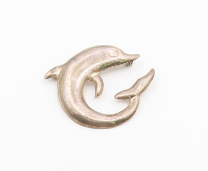 925 Sterling Silver  Vintage Dark Tone Smooth Dolphin Motif Brooch Pin  BP3919