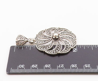 925 Sterling Silver  Vintage Shiny Swirl Floral Motif Round Pendant  PT16577
