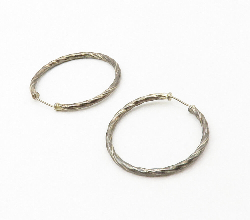 925 Sterling Silver  Vintage Dark Tone Round Twist Hoop Earrings  EG8519
