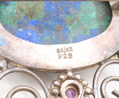 925 Sterling Silver Vintage Brooch Pin SAJEN Azurite Garnet & Amethyst  BP10619