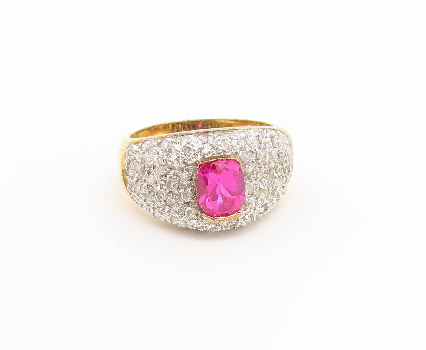 925 Sterling Silver Vintage Ring Gold Plated Ruby & CZ Pave Band  Sz 9  RG36910