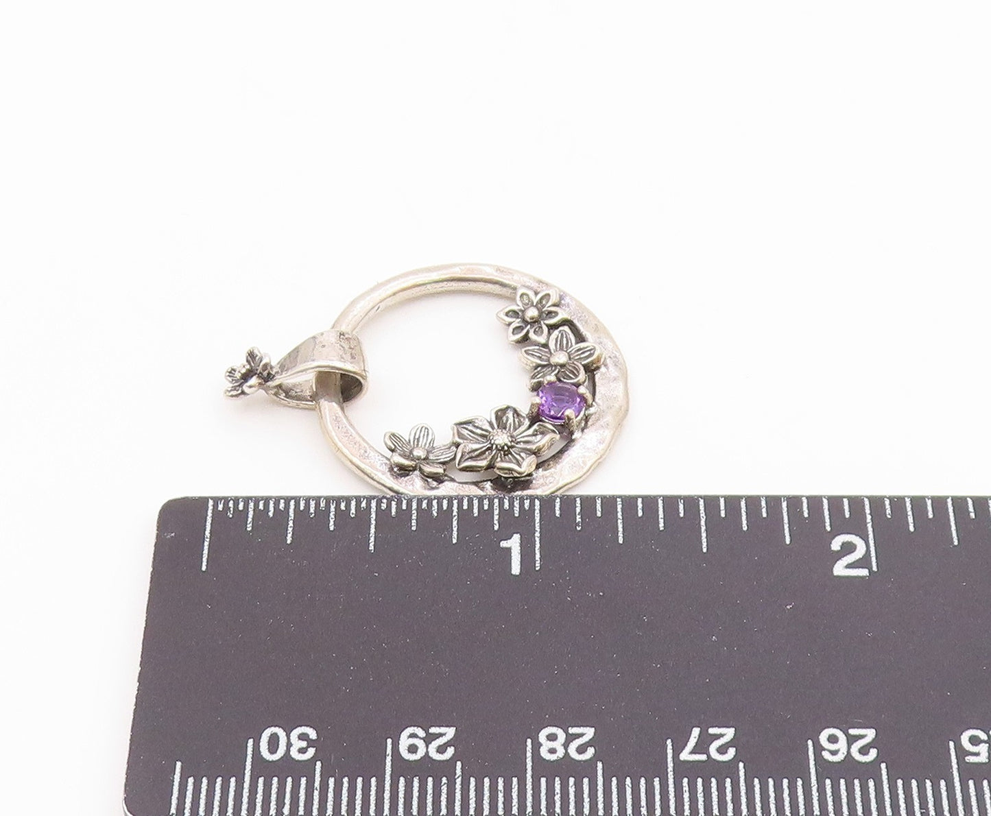 OR PAZ ISRAEL 925 Silver  Vintage Hammered Floral Amethyst Pendant  PT21477