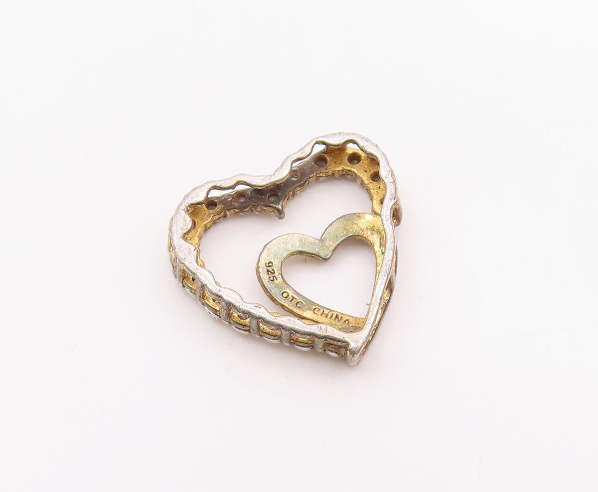 925 Sterling Silver  Vintage Genuine Diamonds Open Love Hearts Pendant PT14294