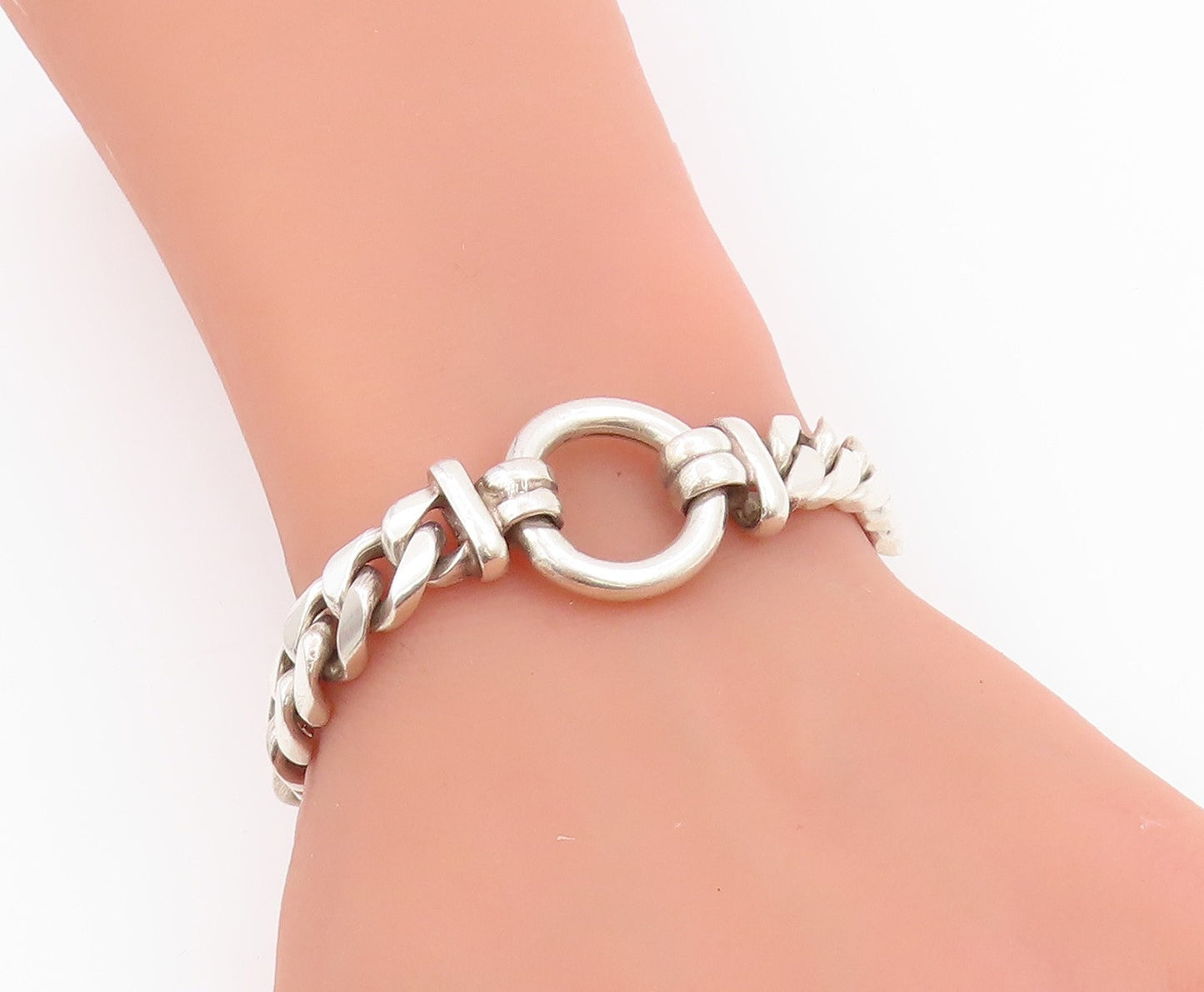 925 Sterling Silver Vintage Bracelet Modernist Curb Link Toggle Chain  BT11486