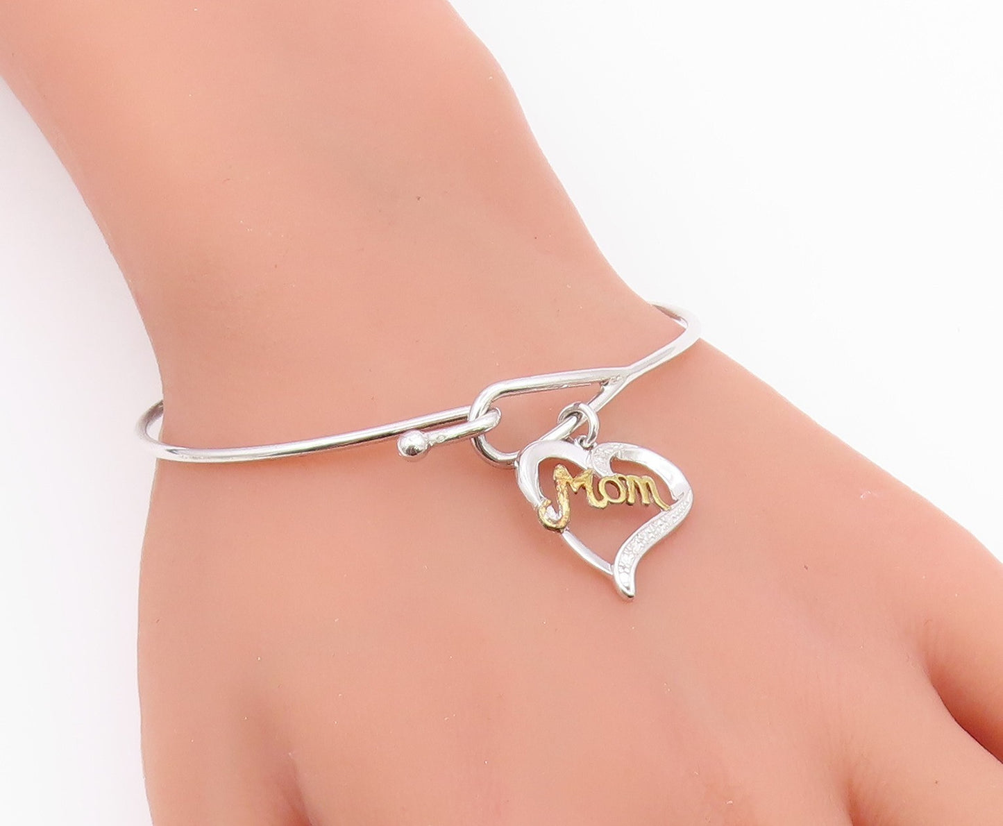 925 Sterling Silver  Genuine Diamond Mom Love Heart Bangle Bracelet  BT8264