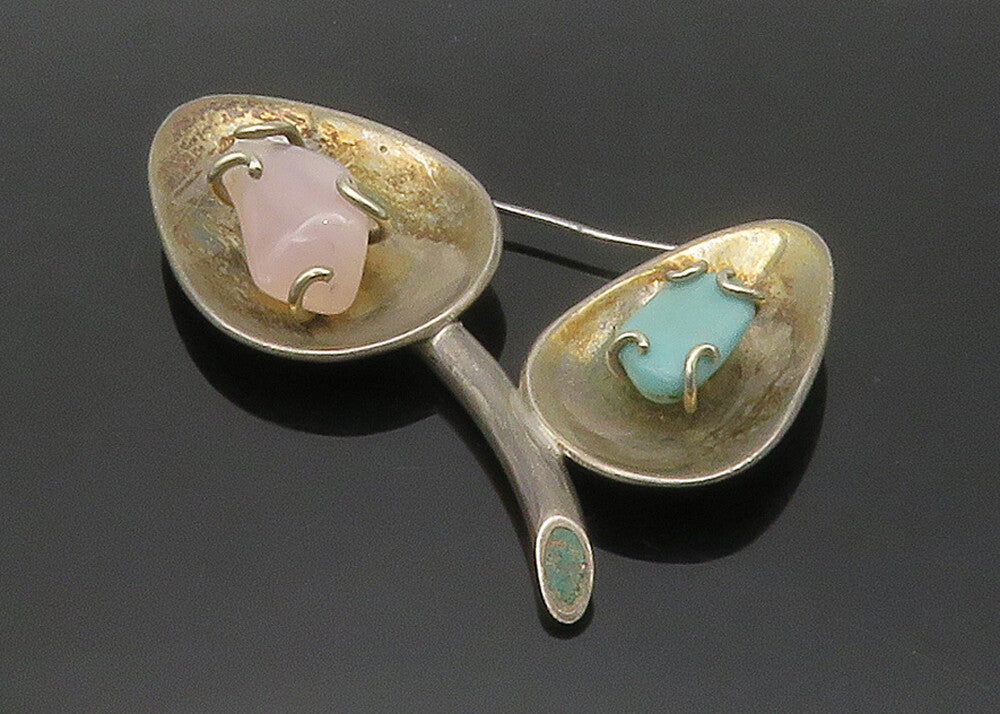LOS CASTILO 925 Silver  Vintage Rose Quartz & Turquoise Brooch Pin  BP6461