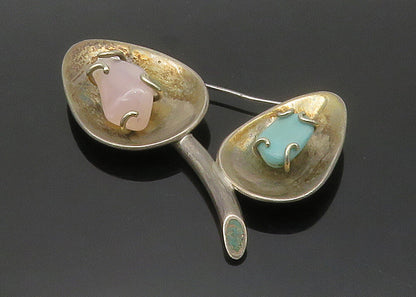 LOS CASTILO 925 Silver  Vintage Rose Quartz & Turquoise Brooch Pin  BP6461