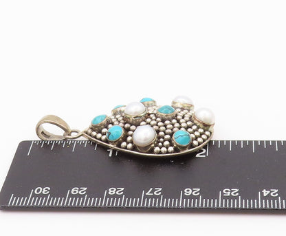 925 Sterling Silver Vintage Pendant Drop Shape Round Pearls & Turquoise  PT24065