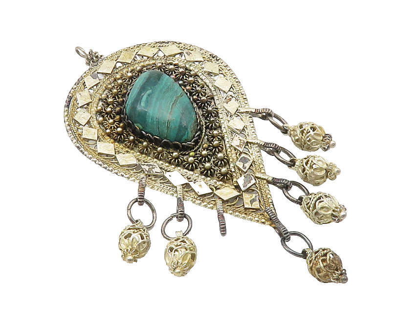 925 Sterling Silver  Vintage Malachite Floral Filigree Brooch Pin  BP4256