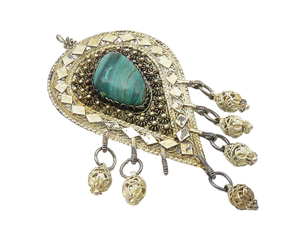 925 Sterling Silver  Vintage Malachite Floral Filigree Brooch Pin  BP4256
