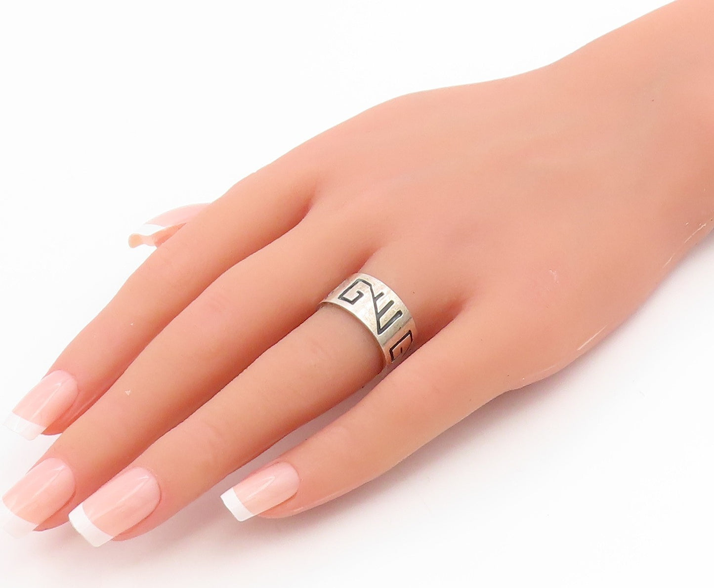 925 Sterling Silver Vintage Ring POLAND Geometric Symbol Wide Band Sz 7 RG34861