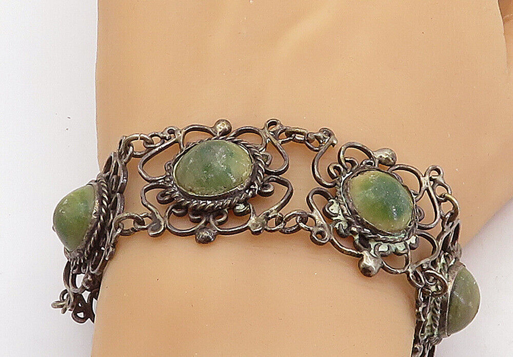 MEXICO 925 Silver  Vintage Antique Jasper Floral Twist Chain Bracelet  BT1530