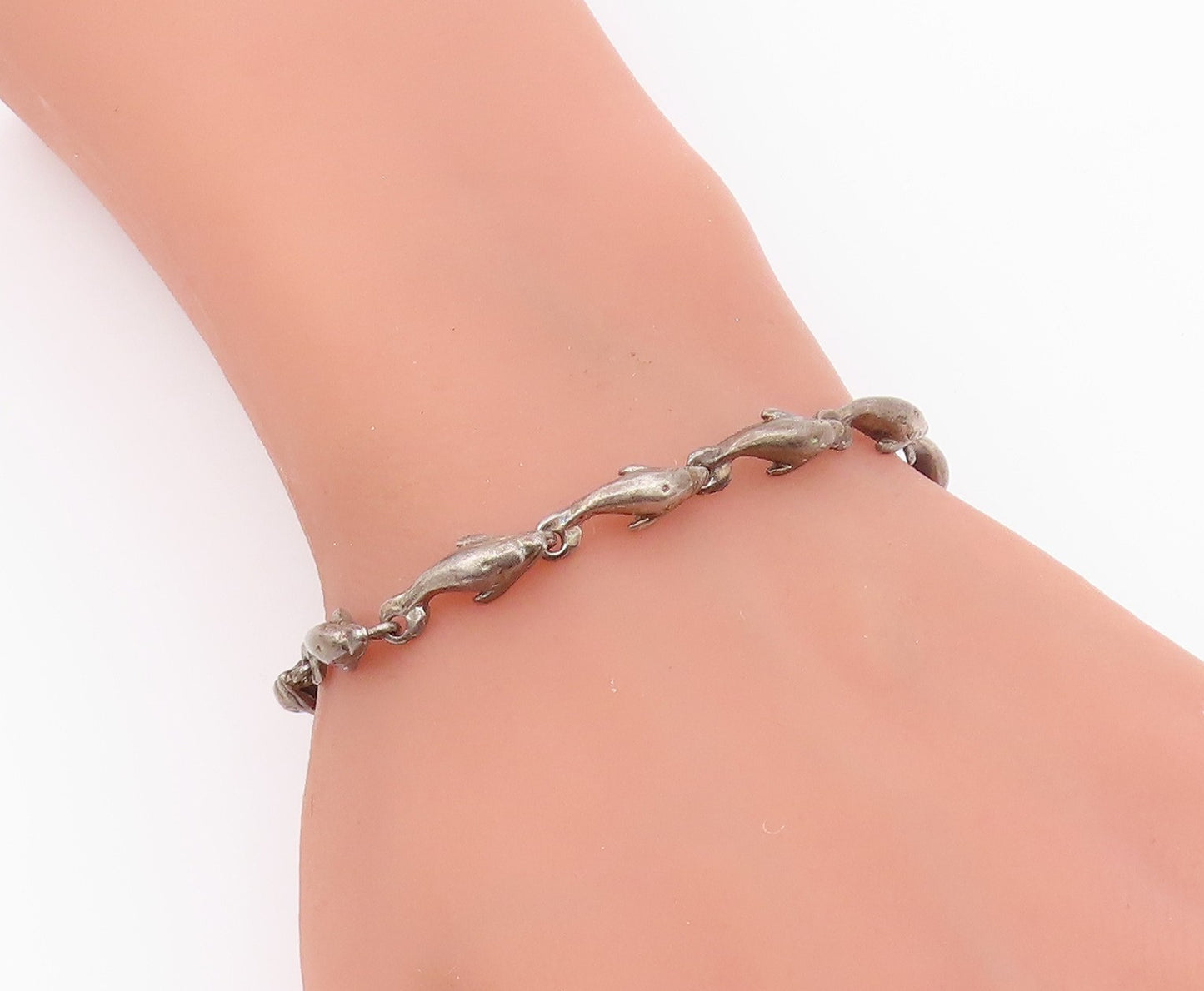 925 Sterling Silver  Vintage Dark Tone Dolphin Motif Chain Bracelet  BT6197