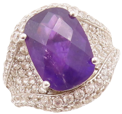925 Sterling Silver Vintage Ring Designer Oval Amethyst & Topaz  Sz  7  RG31575