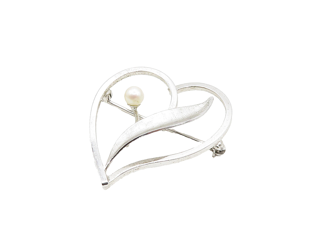 VAN DELL 925 Silver  Vintage Shiny Petite Pearl Floral Heart Brooch Pin BP7689