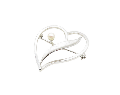 VAN DELL 925 Silver  Vintage Shiny Petite Pearl Floral Heart Brooch Pin BP7689