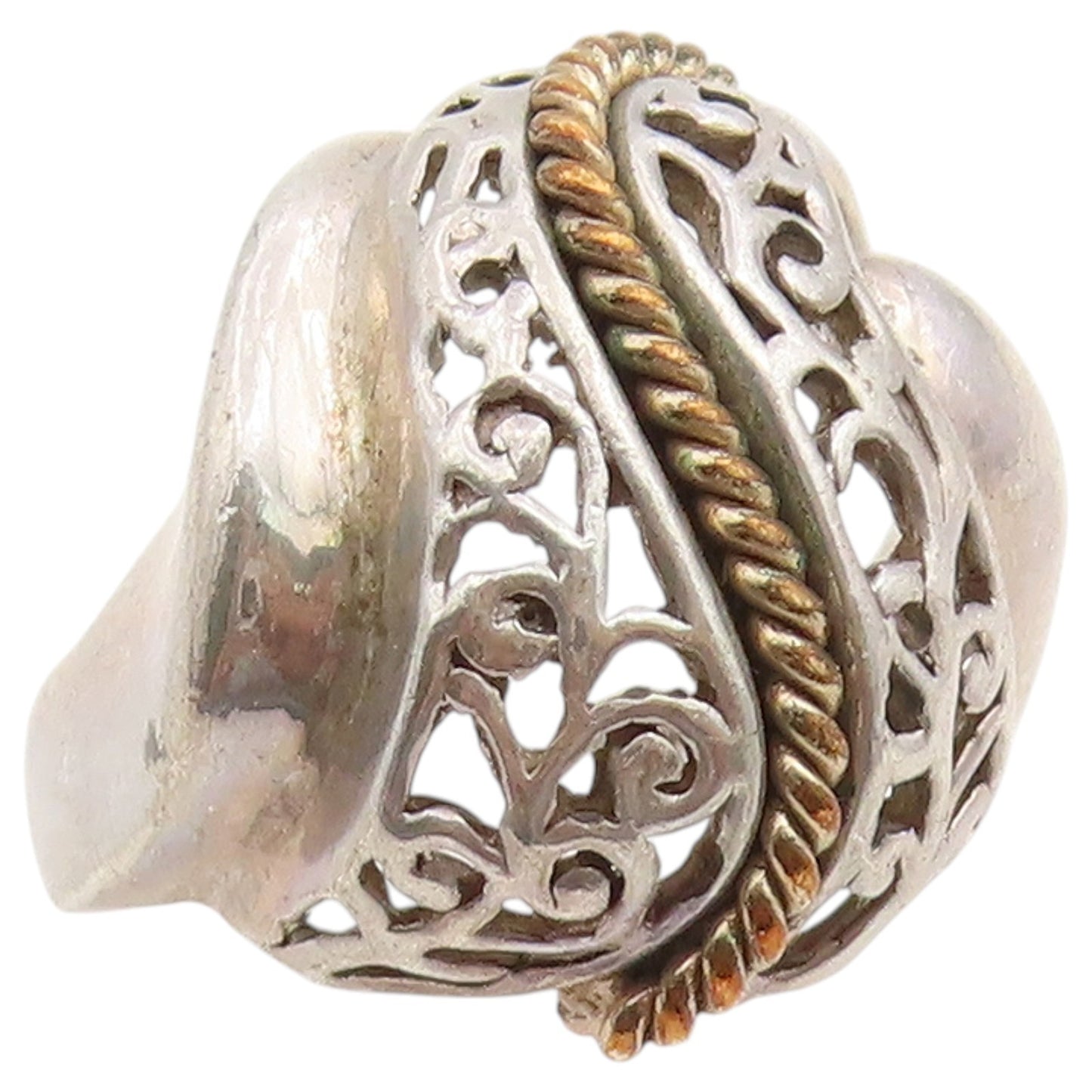 925 Sterling Silver Vintage Ring Two Tone Twisted Rope Openwork  Sz 7.5  RG36715
