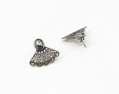 925 Sterling Silver  Vintage Cabochon Cut Hematite Swirl Drop Earrings  EG9038