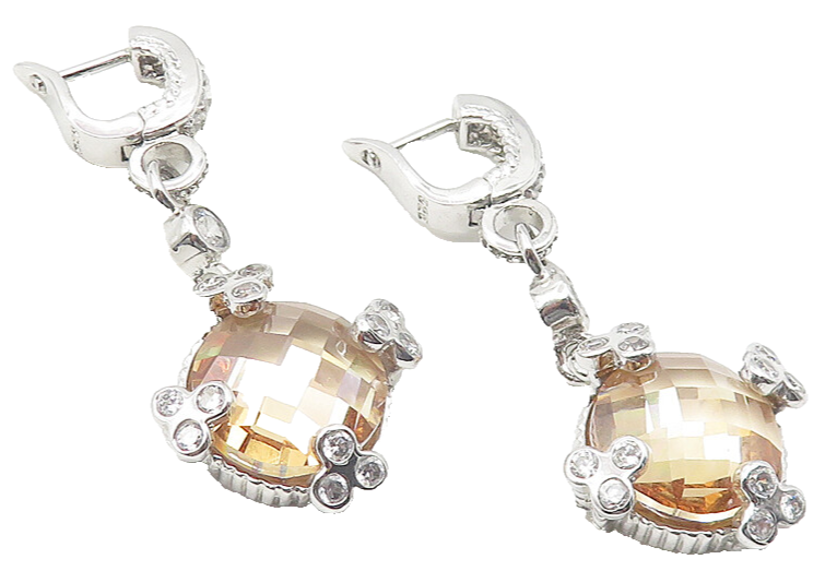 925 Sterling Silver  Shiny Cubic Zirconia Floral Dangle Earrings  EG6011