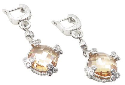 925 Sterling Silver  Shiny Cubic Zirconia Floral Dangle Earrings  EG6011