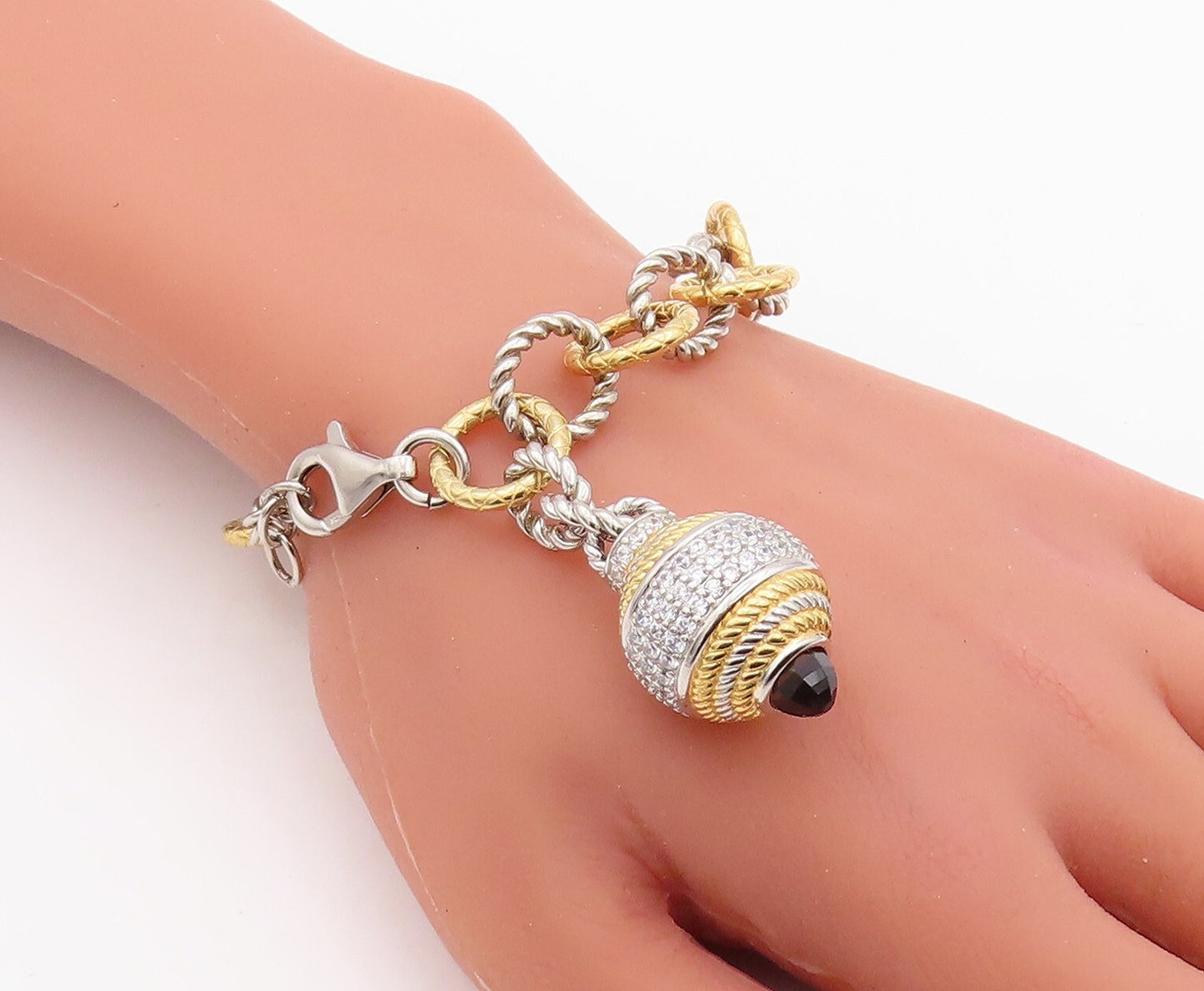 925 Sterling Silver Vintage Bracelet Gold Plated Smoky Quartz & CZ Ball  BT10839
