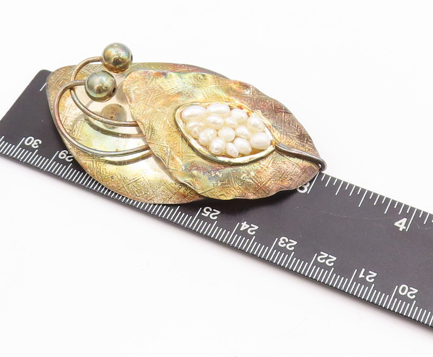 925 Sterling Silver Vintage Brooch Pin Designer Leaf Amorphas Pearls  BP10950