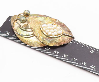 925 Sterling Silver Vintage Brooch Pin Designer Leaf Amorphas Pearls  BP10950