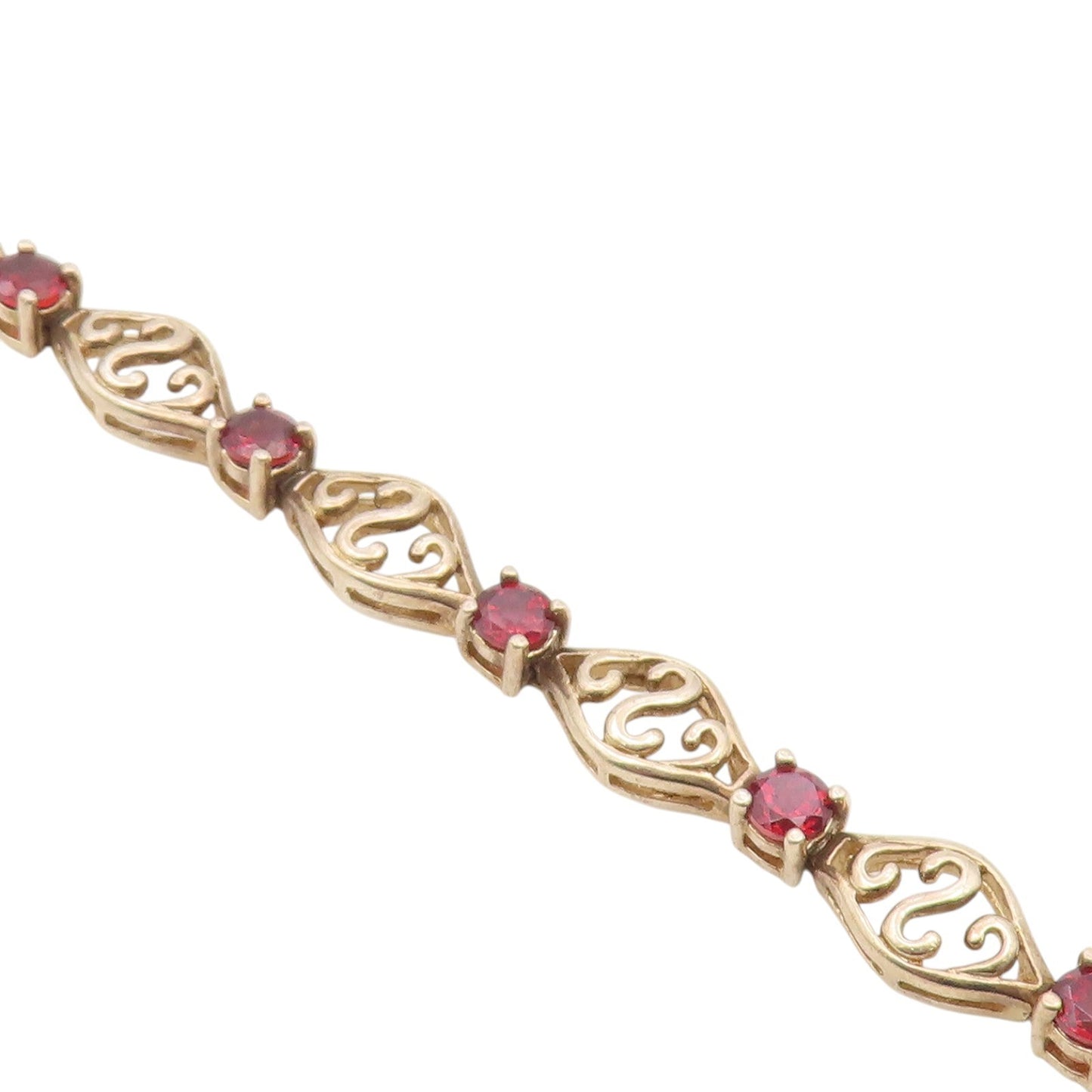 925 Sterling Silver Vintage Round Garnet & Openwork Swirl Link Bracelet BT9557