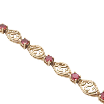 925 Sterling Silver Vintage Round Garnet & Openwork Swirl Link Bracelet BT9557