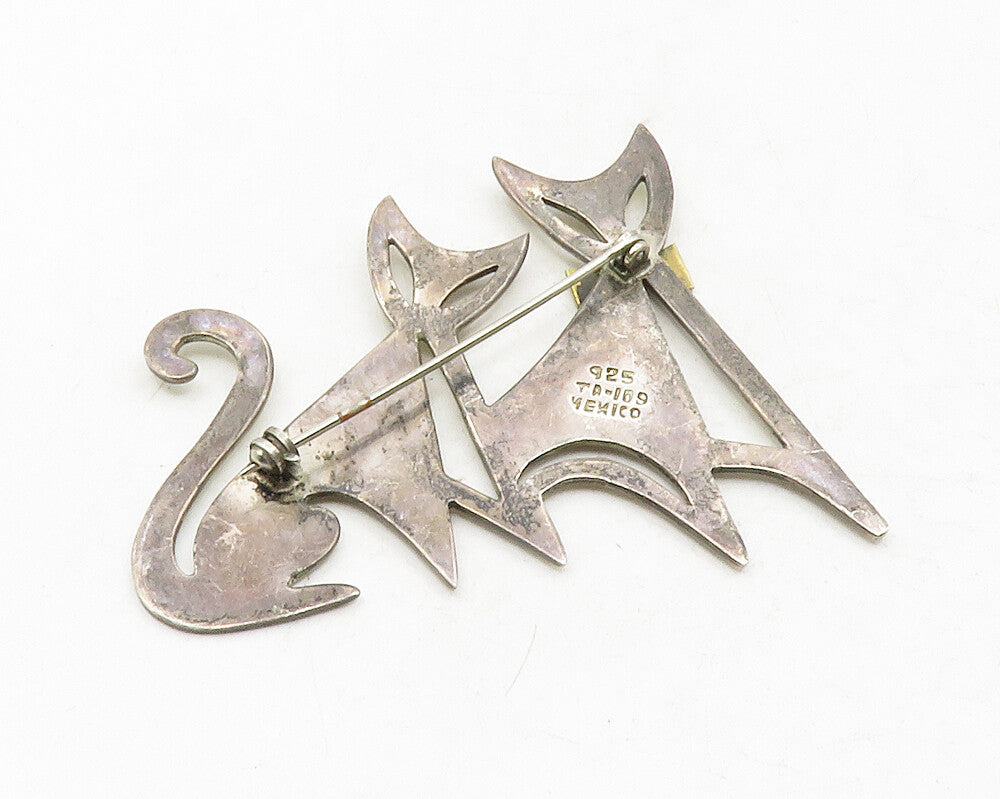 MEXICO 925 Sterling Silver  Vintage 2 Tone Triple Cat Motif Brooch Pin  BP4626