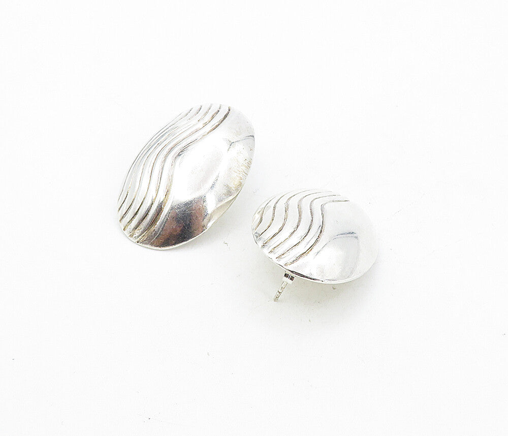 925 Sterling Silver  Vintage Shiny Wavy Design Oval Dome Drop Earrings  EG4209