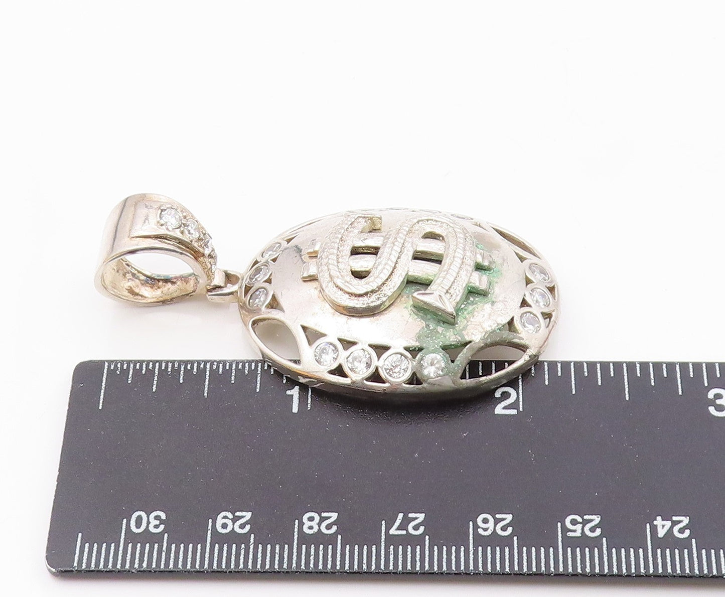 925 Sterling Silver  Vintage Shiny Topaz Dollar Sign Drop Pendant  PT18978