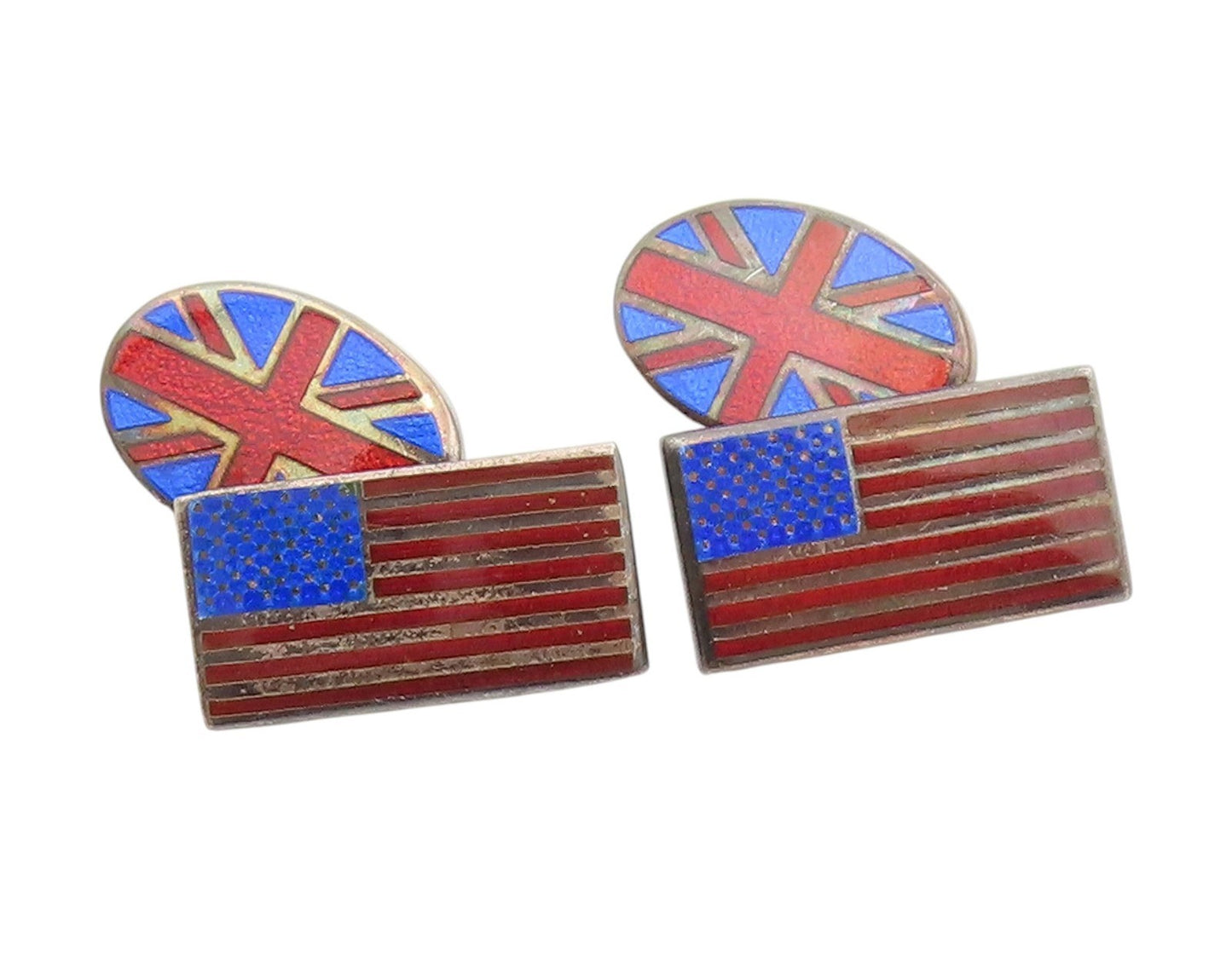 925 Sterling Silver Vintage Cufflinks Enameled USA & England Flag Design  TR4153