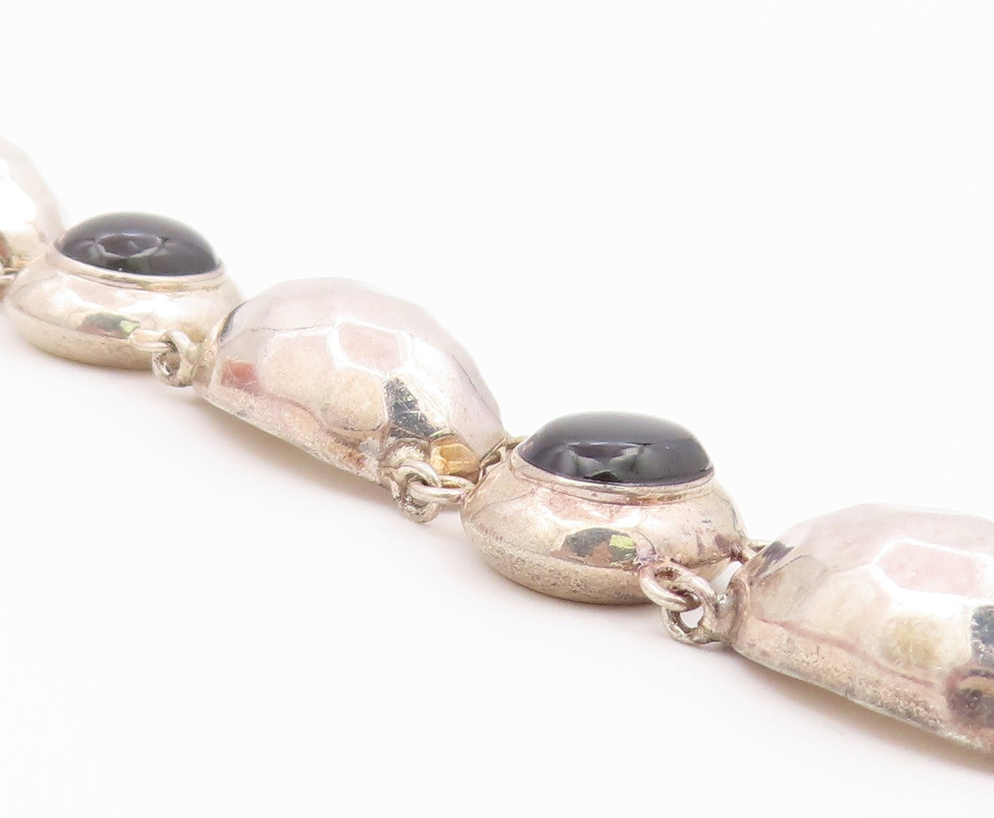 925 Sterling Silver Vintage Bracelet Black Onyx Hammered Puffy Dome Link BT12186
