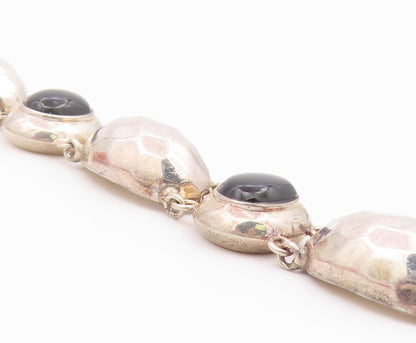 925 Sterling Silver Vintage Bracelet Black Onyx Hammered Puffy Dome Link BT12186