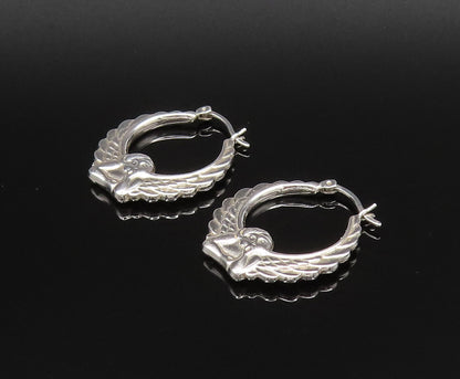 925 Silver  Vintage Polished Scalloped Angel Wings Hoop Earrings  EG12039