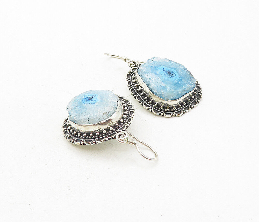 925 Sterling Silver  Vintage Blue Agate Slice Floral Dangle Earrings  EG3908