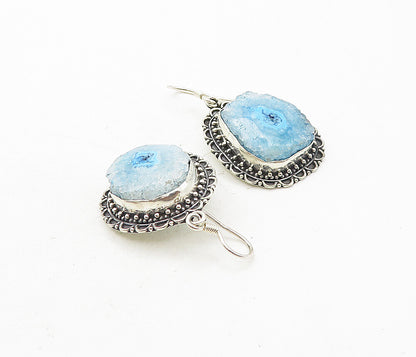 925 Sterling Silver  Vintage Blue Agate Slice Floral Dangle Earrings  EG3908