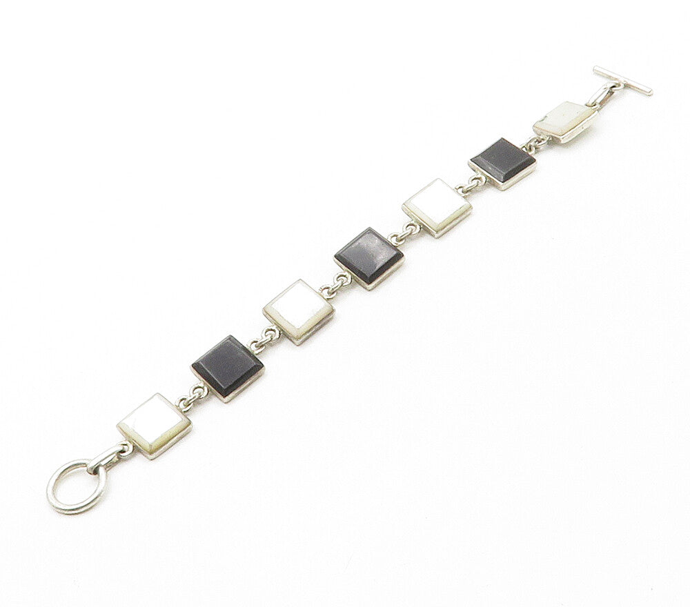 925 Sterling Silver Vintage Mother Of Pearl & Black Onyx Chain Bracelet BT6267