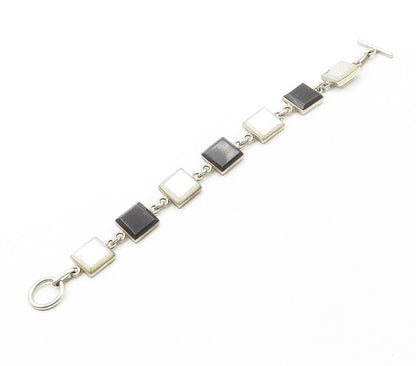 925 Sterling Silver Vintage Mother Of Pearl & Black Onyx Chain Bracelet BT6267