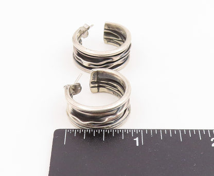 925 Sterling Silver Vintage Earrings Modernist Wavy Ribbed Wide Hoops  EG14108