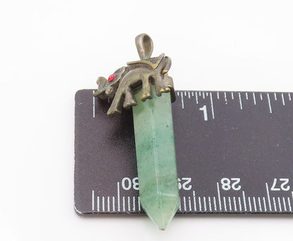 925 Sterling Silver  Vintage Jade Wand Red Topaz Elephant Eye Pendant  PT16541