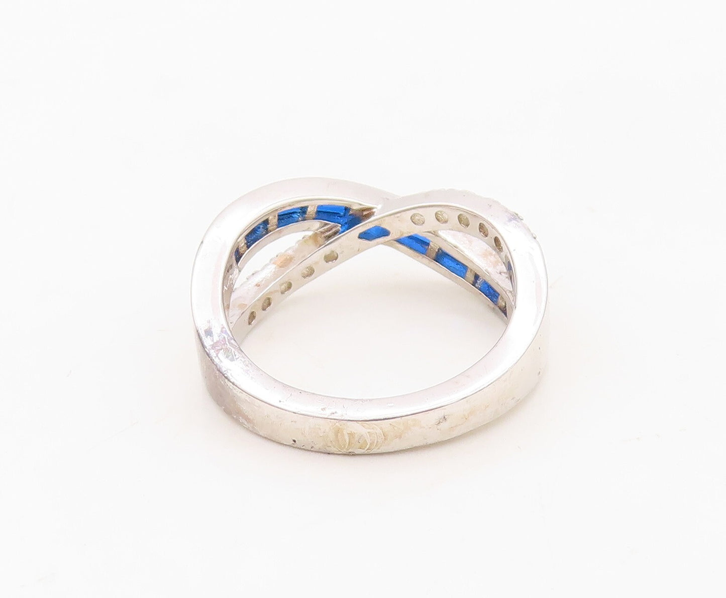 925 Sterling Silver Vintage Ring Rectangle Sapphire & CZ X Band  Sz 7  RG30417