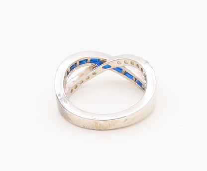 925 Sterling Silver Vintage Ring Rectangle Sapphire & CZ X Band  Sz 7  RG30417