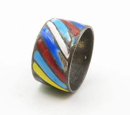 SIAM 925 Sterling Silver Vintage Enamel Slanted Stripes Band Ring Sz 6 RG15408