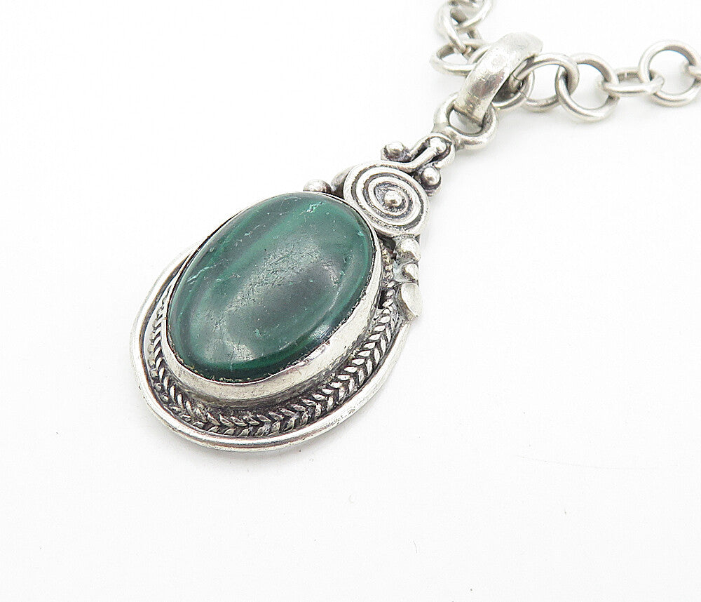 925 Sterling Silver Vintage Cabochon Cut Malachite Chain Necklace NE1460