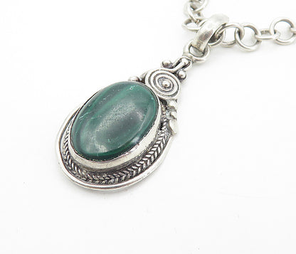 925 Sterling Silver Vintage Cabochon Cut Malachite Chain Necklace NE1460