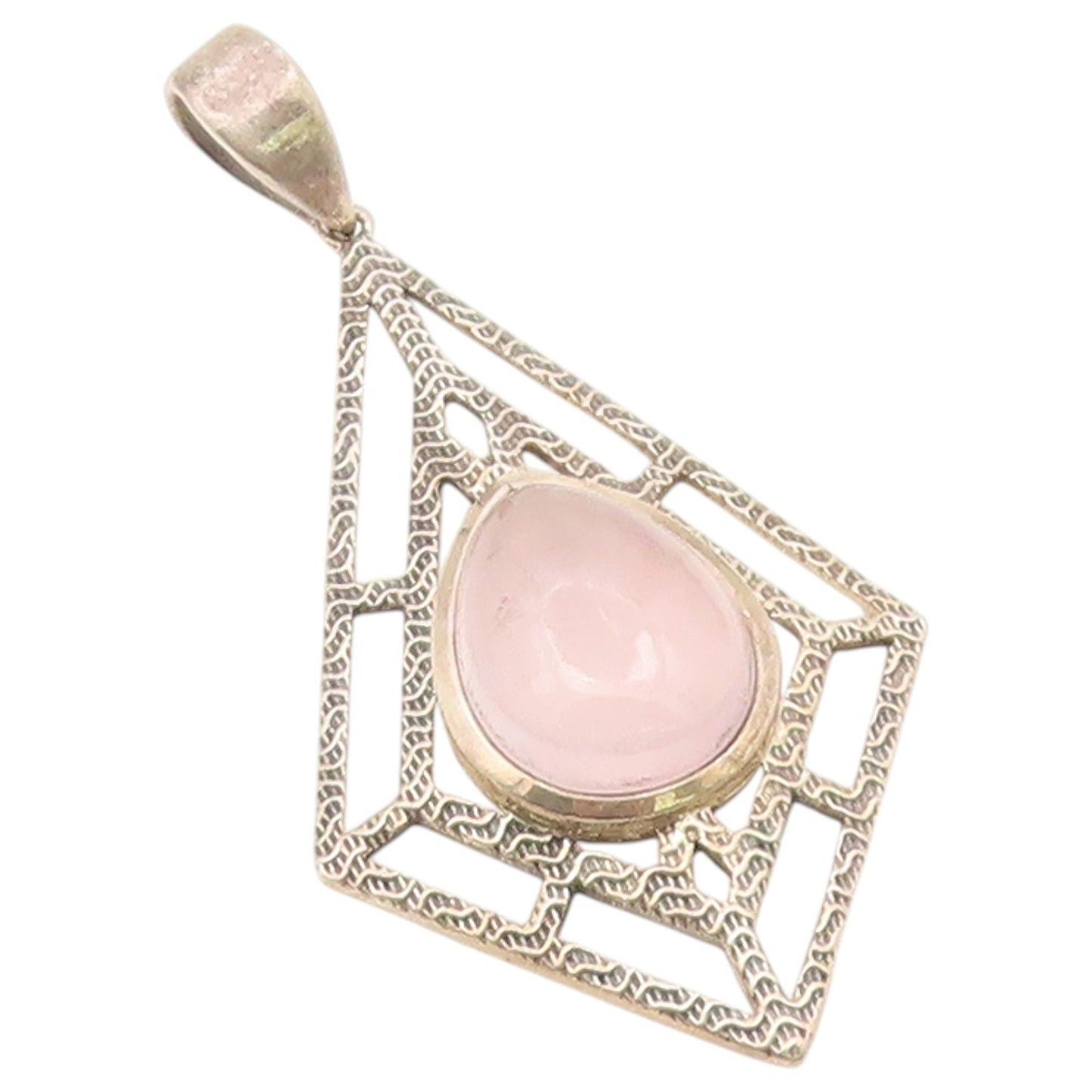 925 Sterling Silver Vintage Pendant Cabochon Rose Quartz Geometric Frame PT26479
